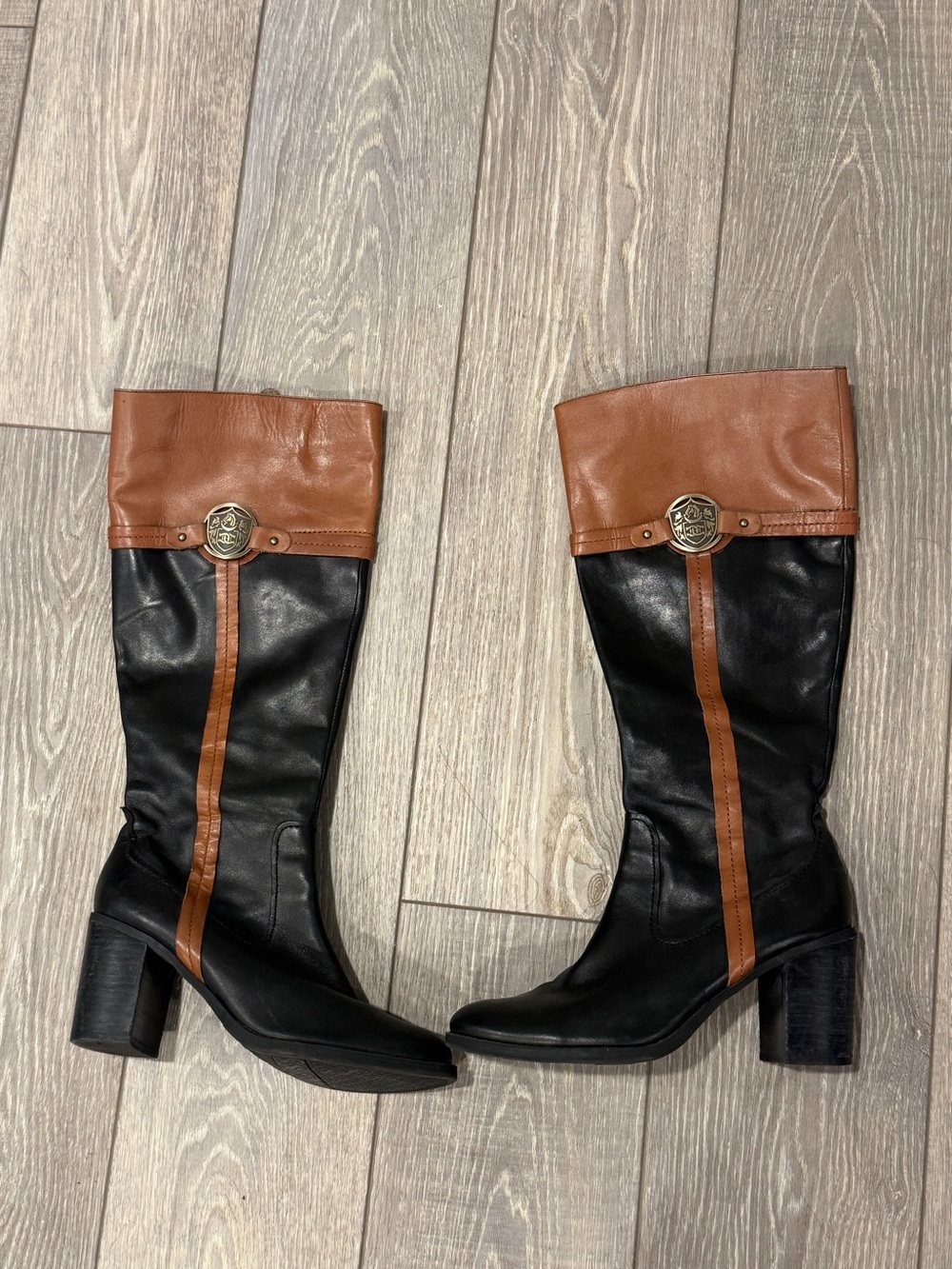 Etienne Aigner Black and Brown E Winston Knee-High Leather Heeled Riding Boots